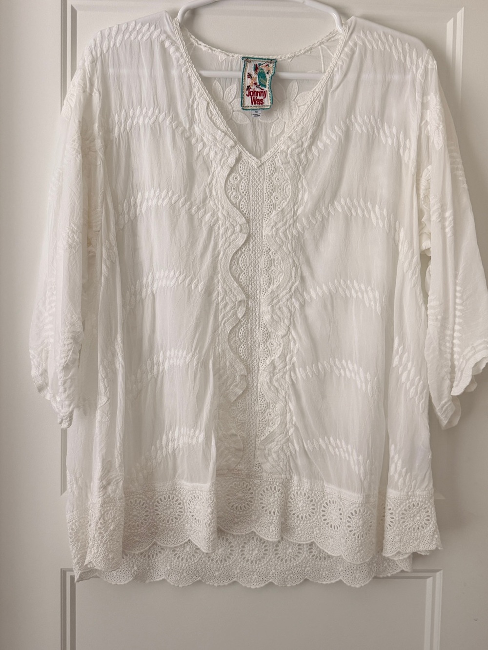 Johnny Was Cream Crochet Trim V-Neck Peasant Tunic